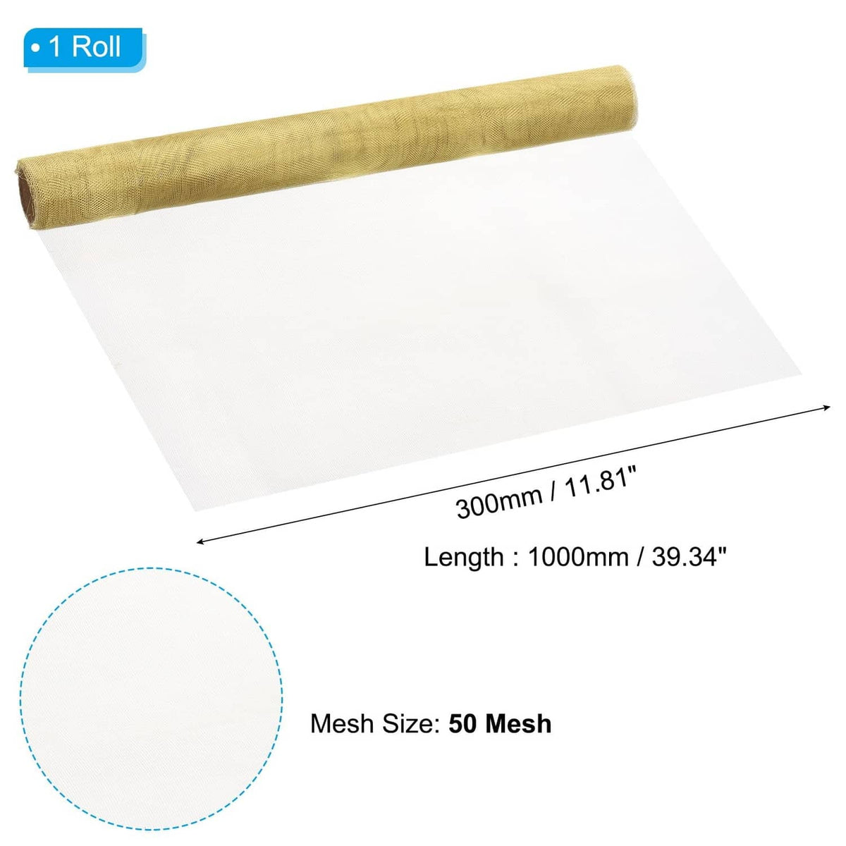 Brass woven wire mesh roll, 50 mesh screen with visible length measurement lines
