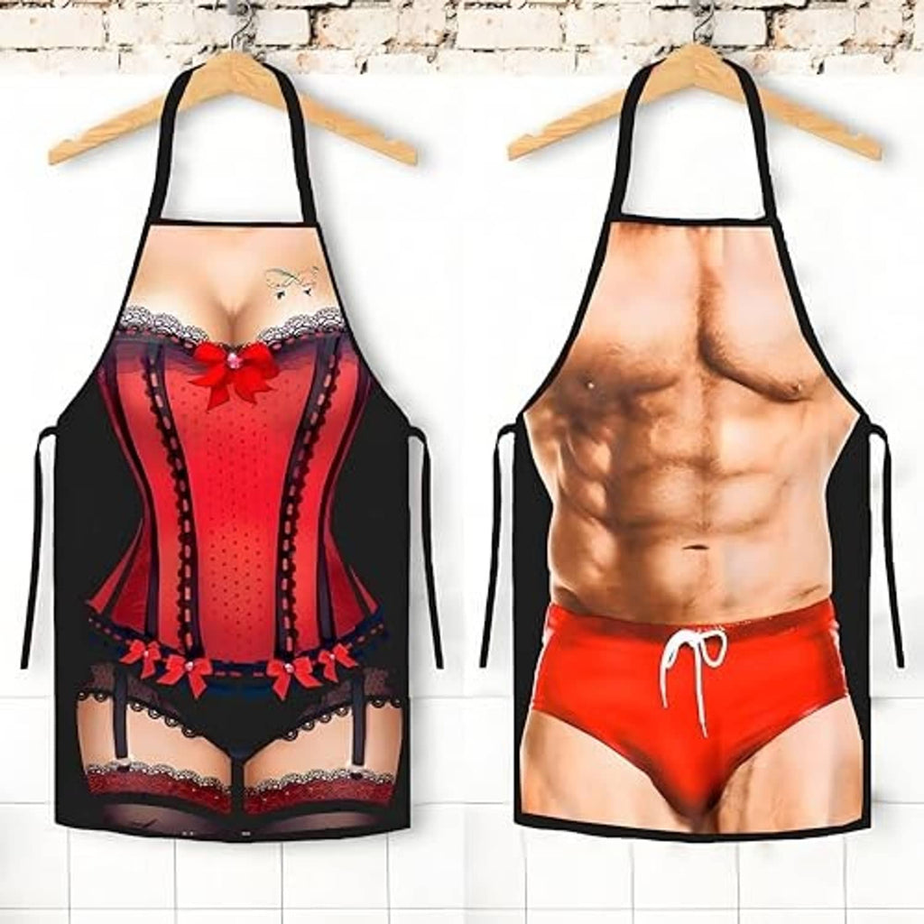 Two novelty aprons: red corset lingerie print and muscular red-shorts print, black ties