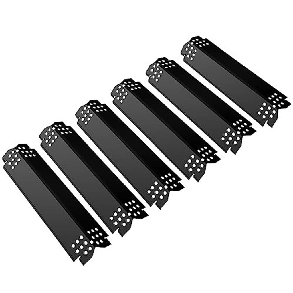 Set of black grill burner covers, angled view showing perforated end plates