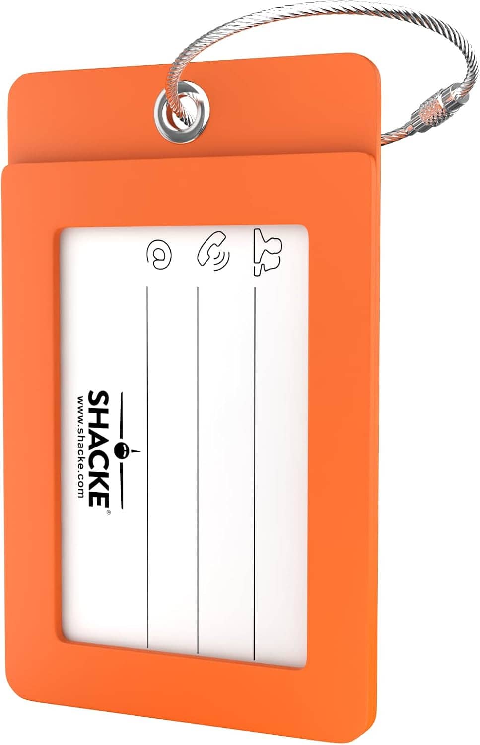 Orange luggage tag with initial D and card insert, stainless steel loop
