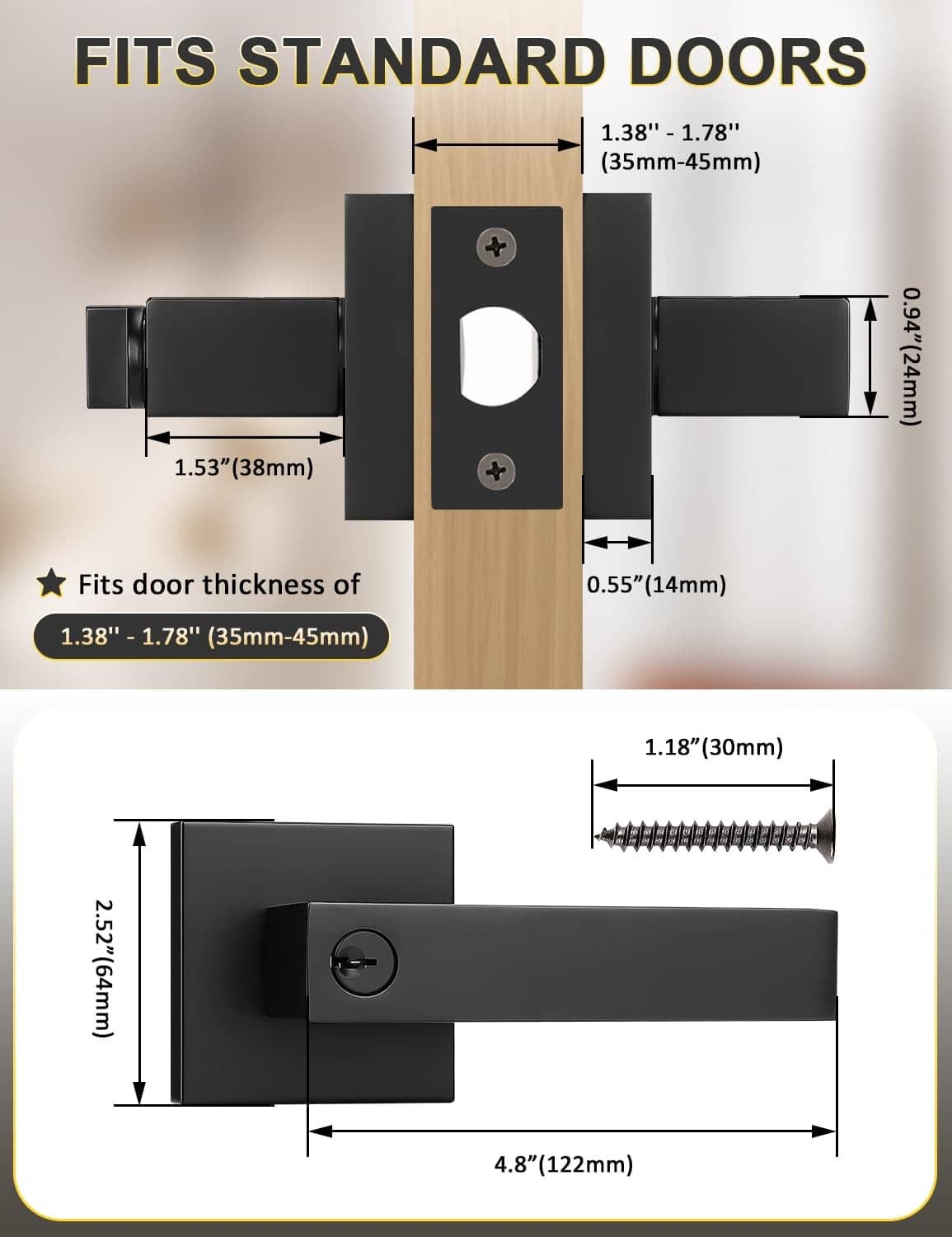 Black entry door lever handle with measurements and screws for standard doors