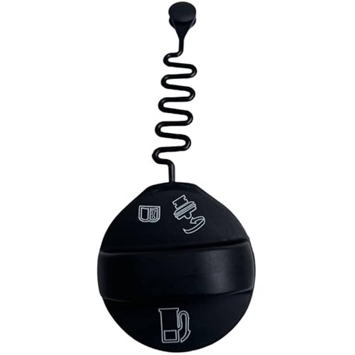 Fuel tank filler cap with tether spring, dark round cap featuring molded fuel icons