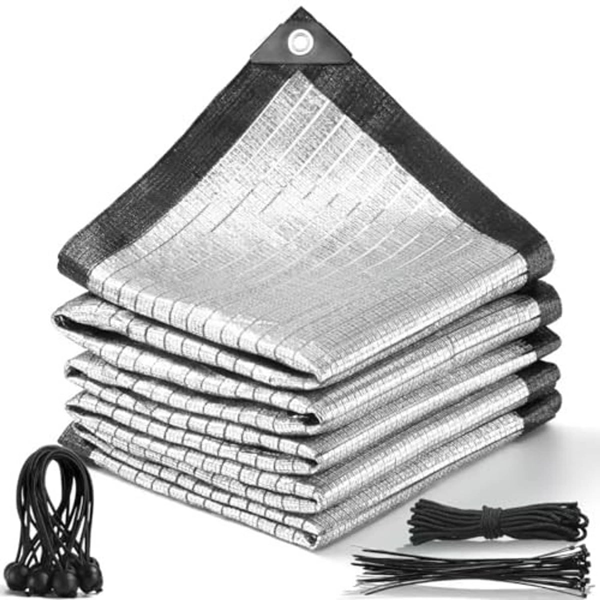 Silver shade cloth stacked with black border, grommets, ropes, and zip-ties