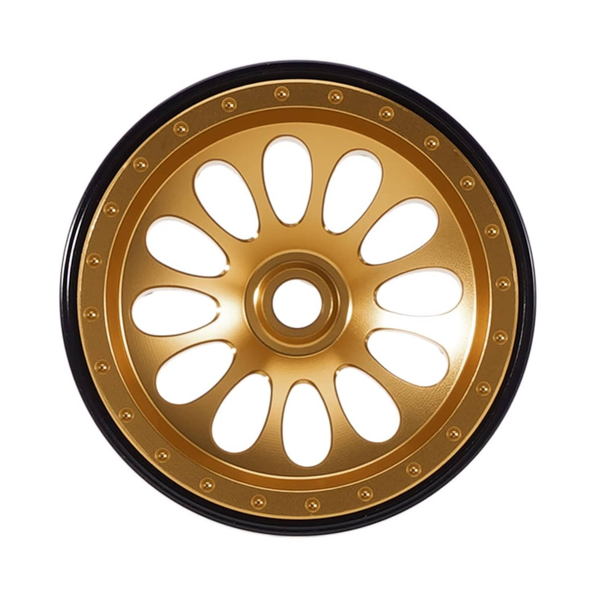 Gold aluminum beadlock wheel with black outer ring and lug bolts, round spoke pattern