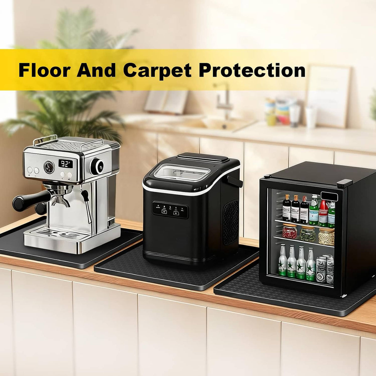 Black silicone appliance mat for floor protection with textured grip