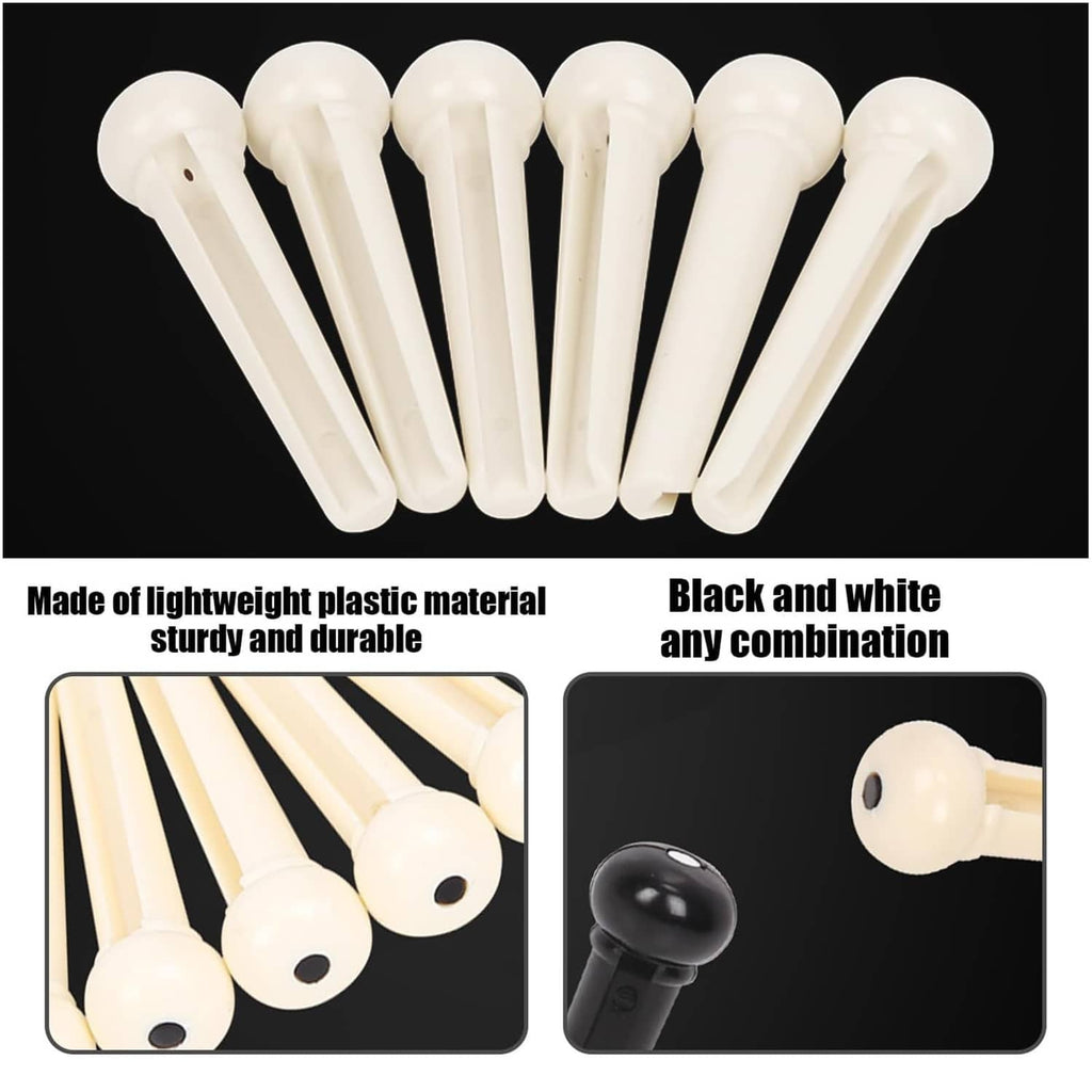 White acoustic guitar bridge pins set, plus black pins and plastic tool