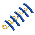 Set of five blue tire rim protectors with yellow lanyards for wheel changing
