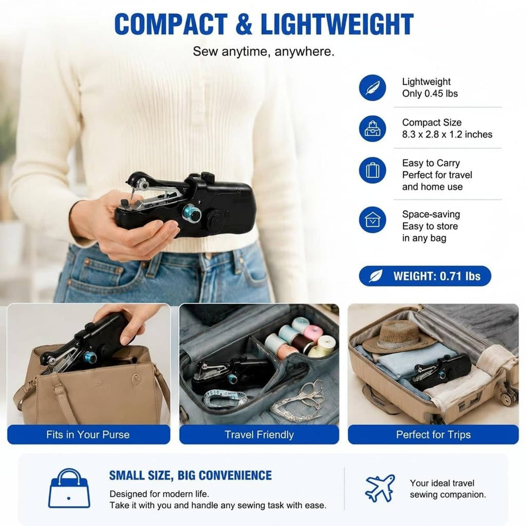 Handheld black sewing machine held in hand for compact travel repairs