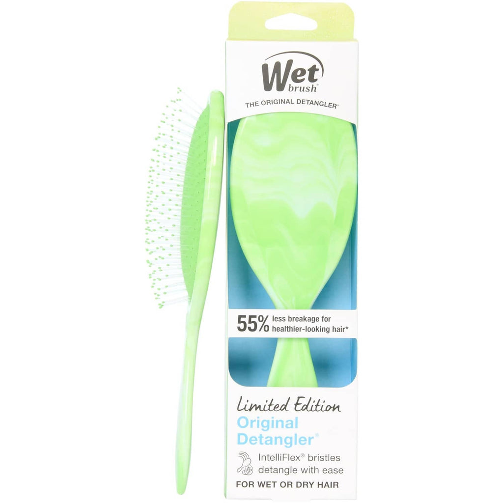 Lime-green detangling hair brush with flexible bristles and Wet Brush packaging