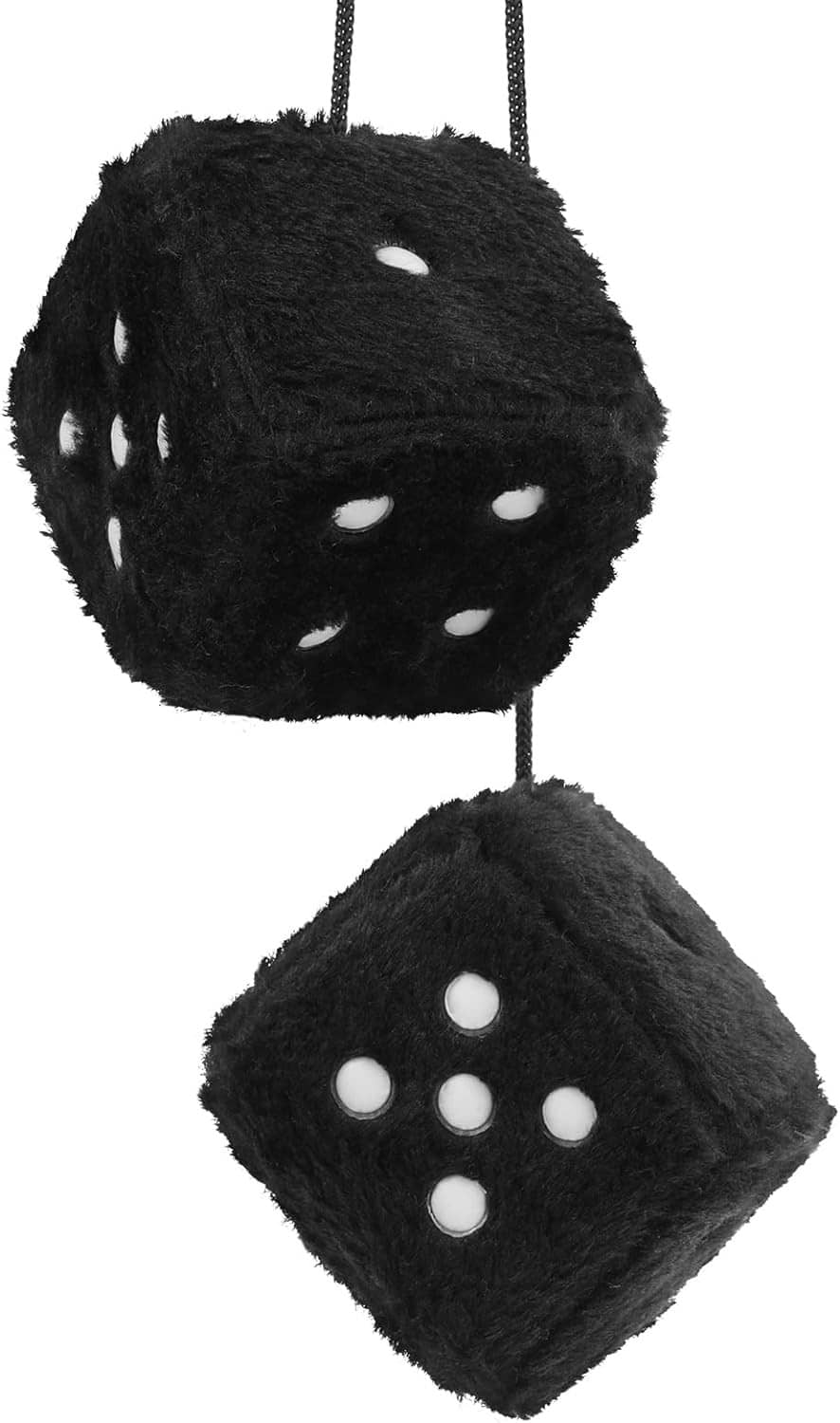 Black fuzzy dice pair with white dot faces, hanging by strings