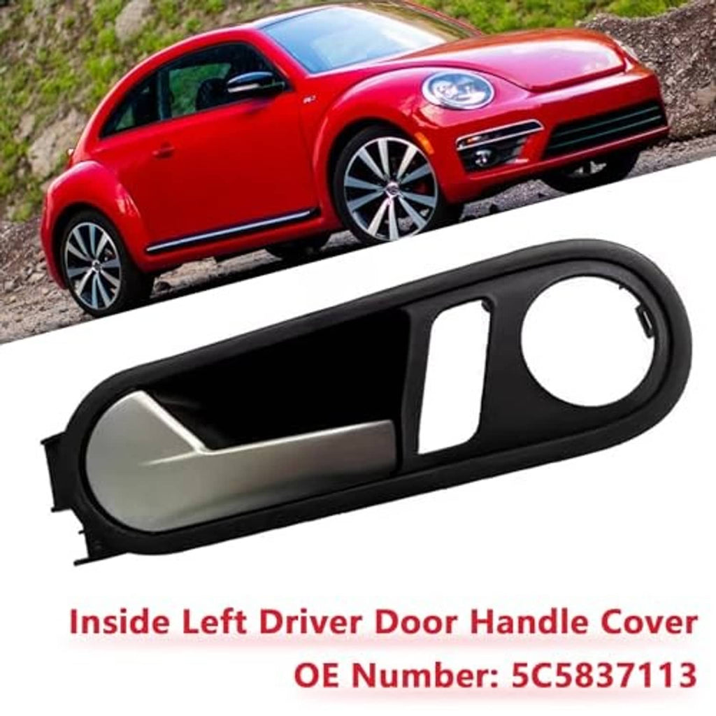 Interior left driver door handle cover, black housing with beige insert and white recess