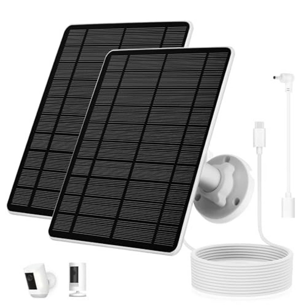 Solar panel 2-pack: two black panels with white wall mount and charging cable