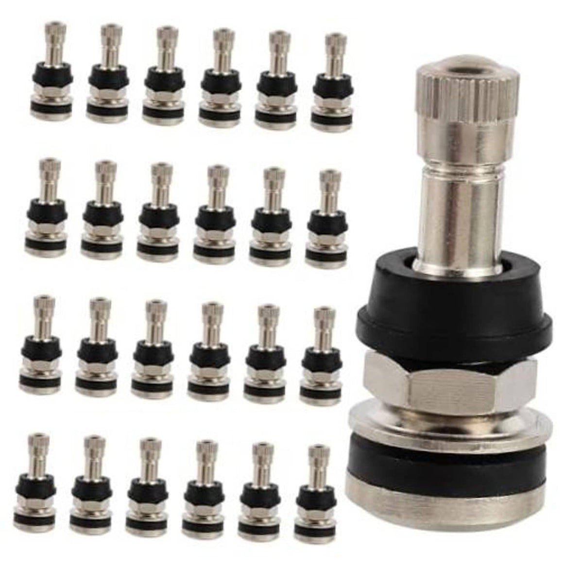 Set of brass tire valve stems with black rubber bases, multiple valve caps included
