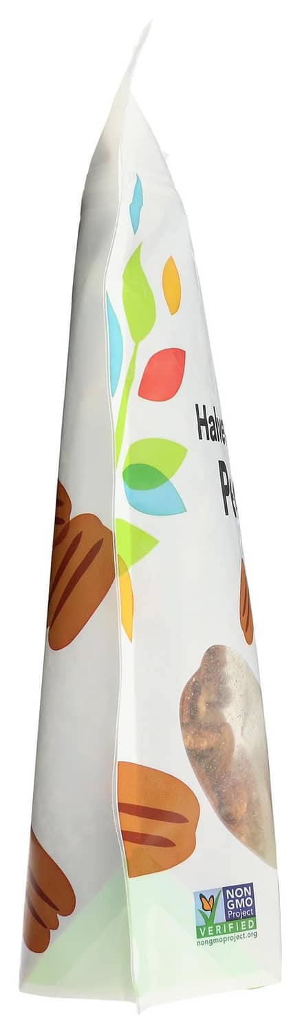 Pecan halves and pieces bag front, white pouch with nut graphics