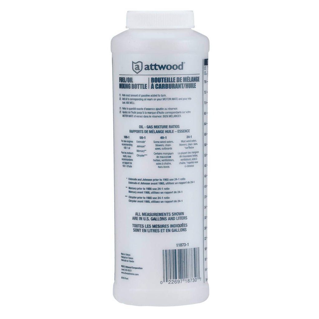 Attwood wide-mouth mixing bottle label with product info and barcode on back