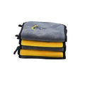 Set of 5 billiard cue cleaning towels, dark gray with yellow layers and black ties