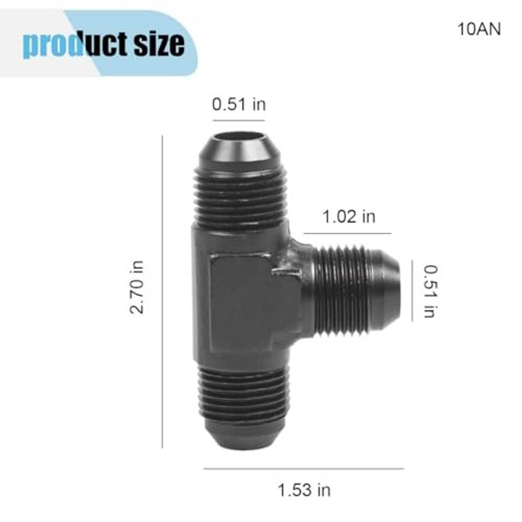 10AN black T fuel hose union fitting with male threads and stepped shape