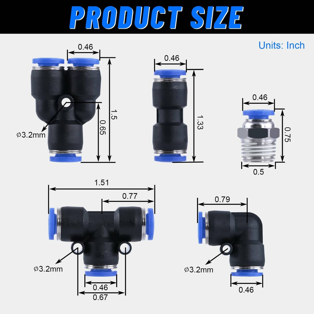 Assorted black push air fittings with blue collars and one silver metal connector