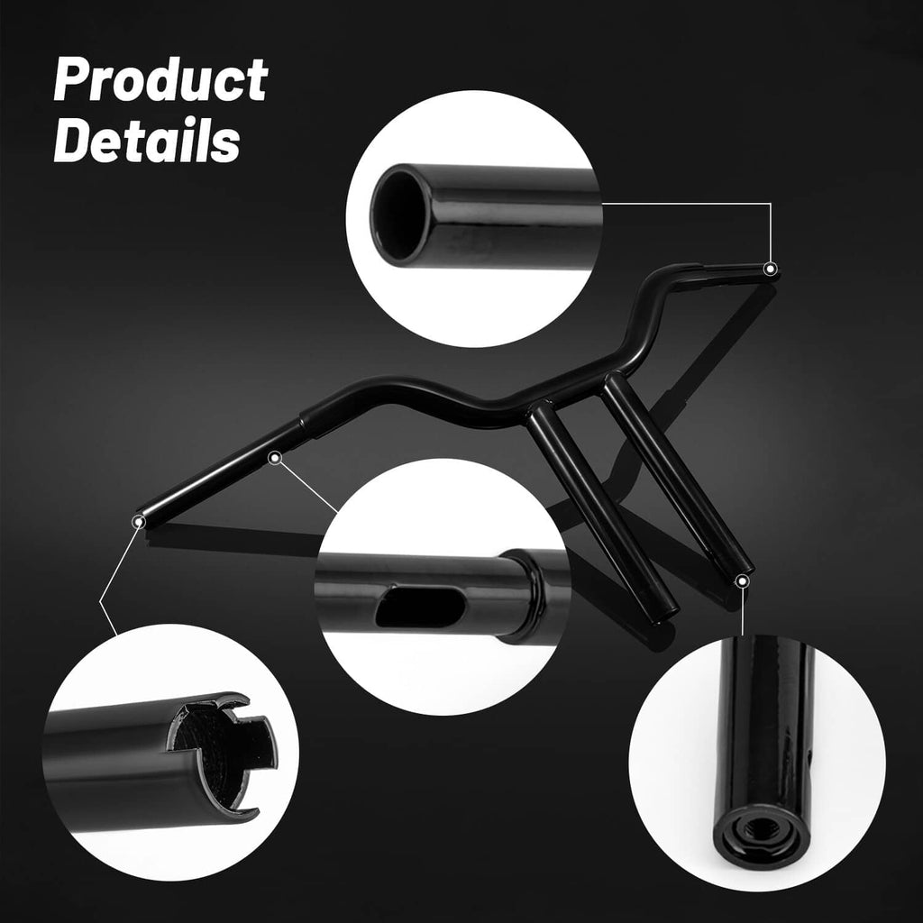 Black T-bar handlebar product detail showing tube ends and mounting sleeves