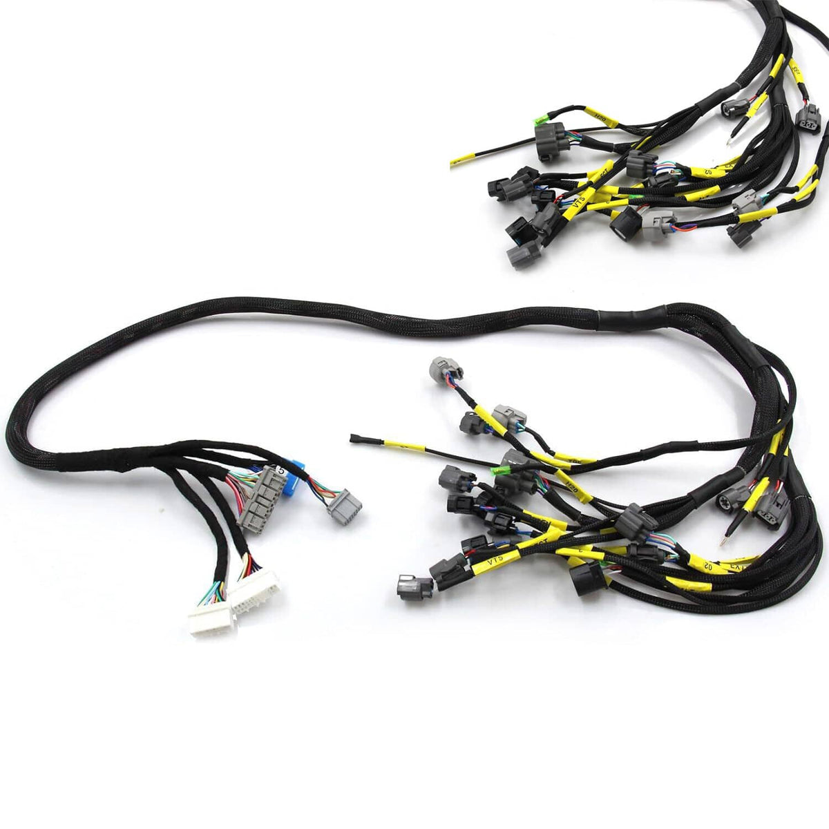 Engine wiring harness with black and yellow wires and multiple electrical connectors