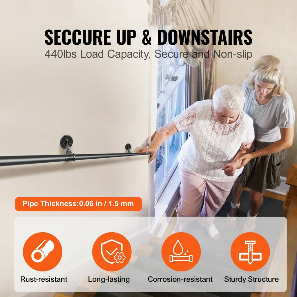 Stair handrail with matte black pipe and round wall brackets, with included screws and anchors