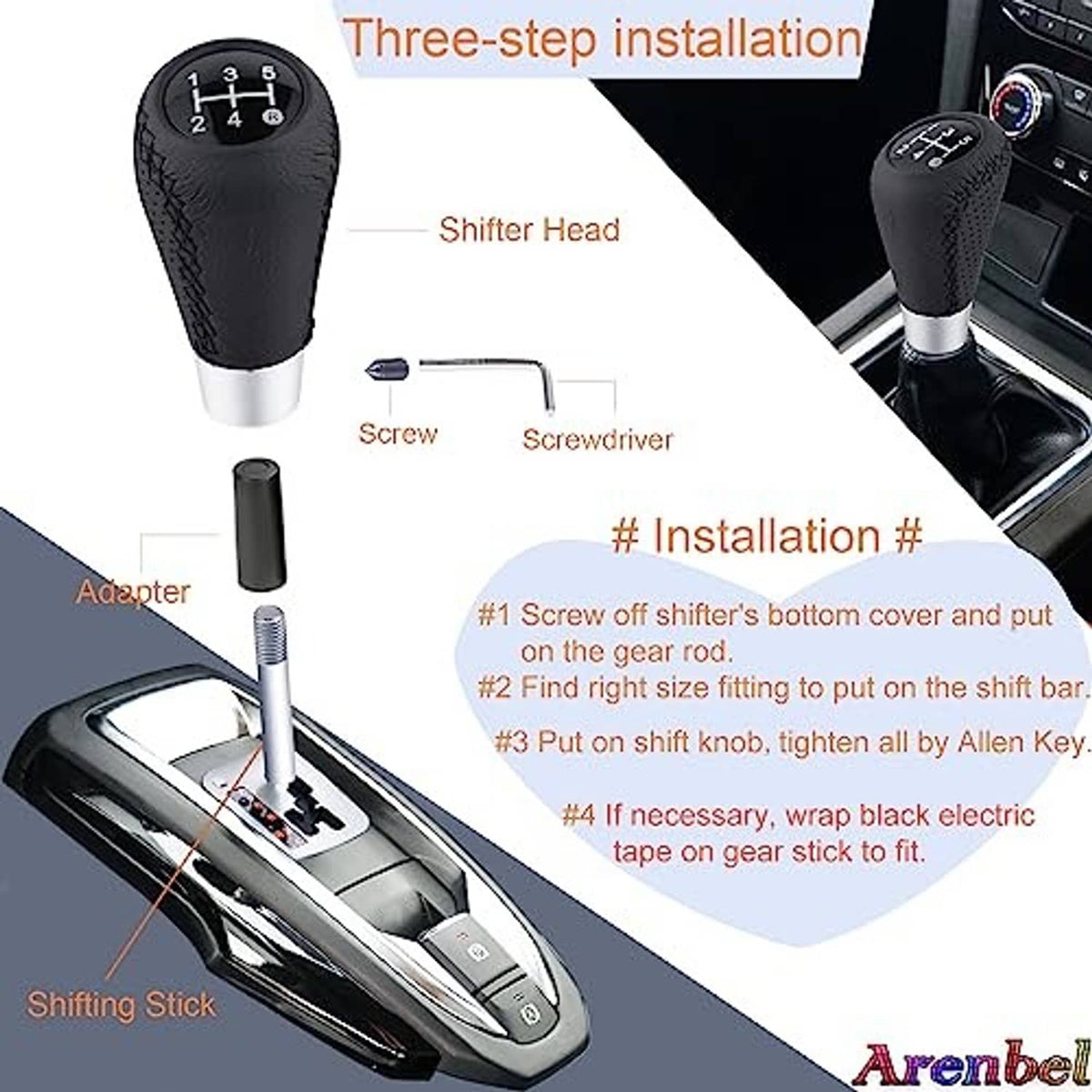 Black leather 5-speed shift knob with silver base and installation parts shown