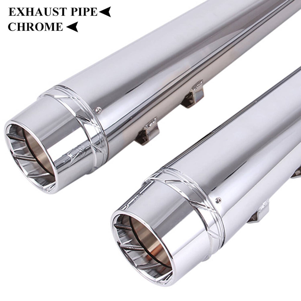 Chrome slip-on motorcycle exhaust muffler with round outlet and side mounting brackets