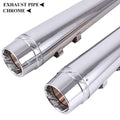 Chrome slip-on motorcycle exhaust muffler with round outlet and side mounting brackets
