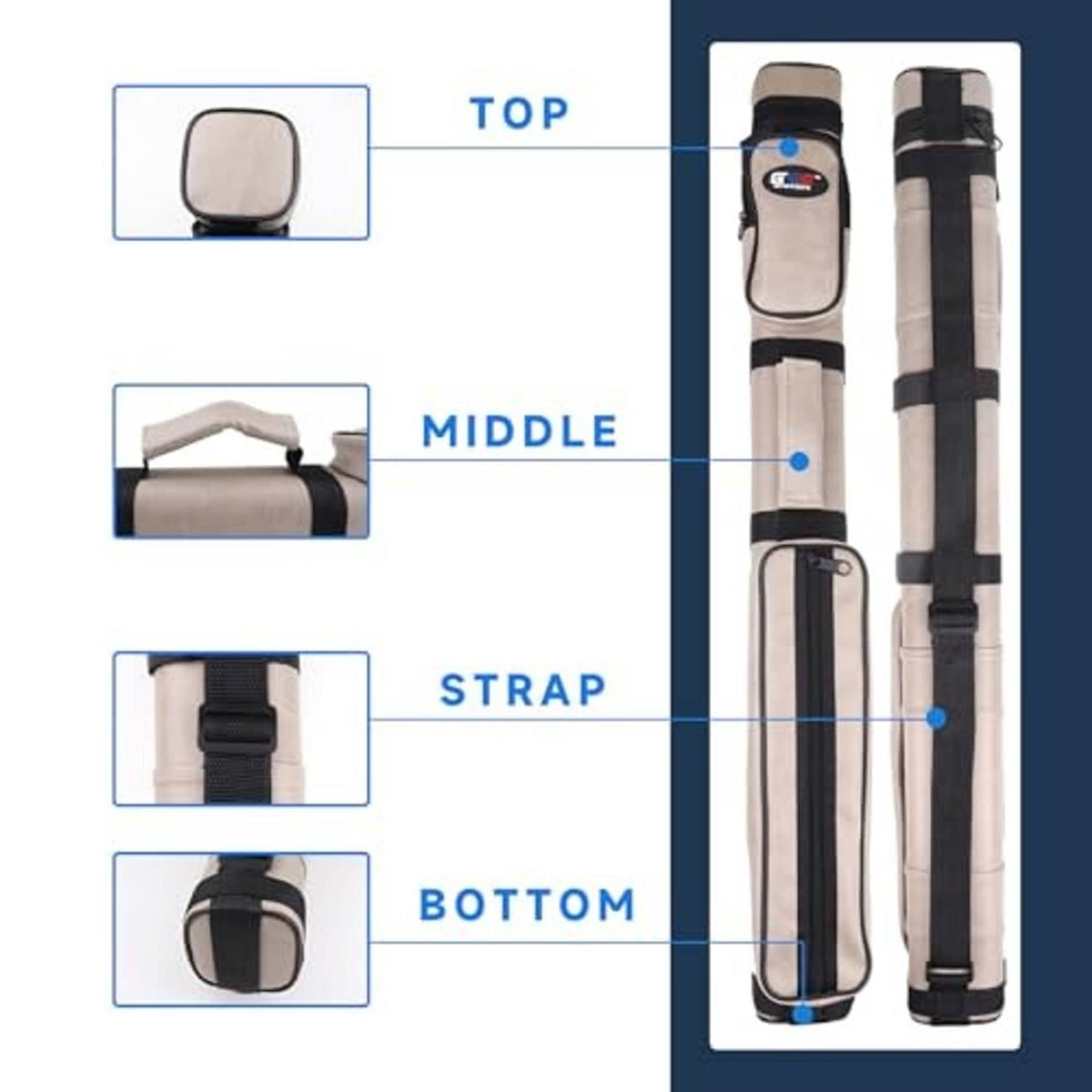 Beige hard pool cue case with strap, shown as top middle strap and bottom sections