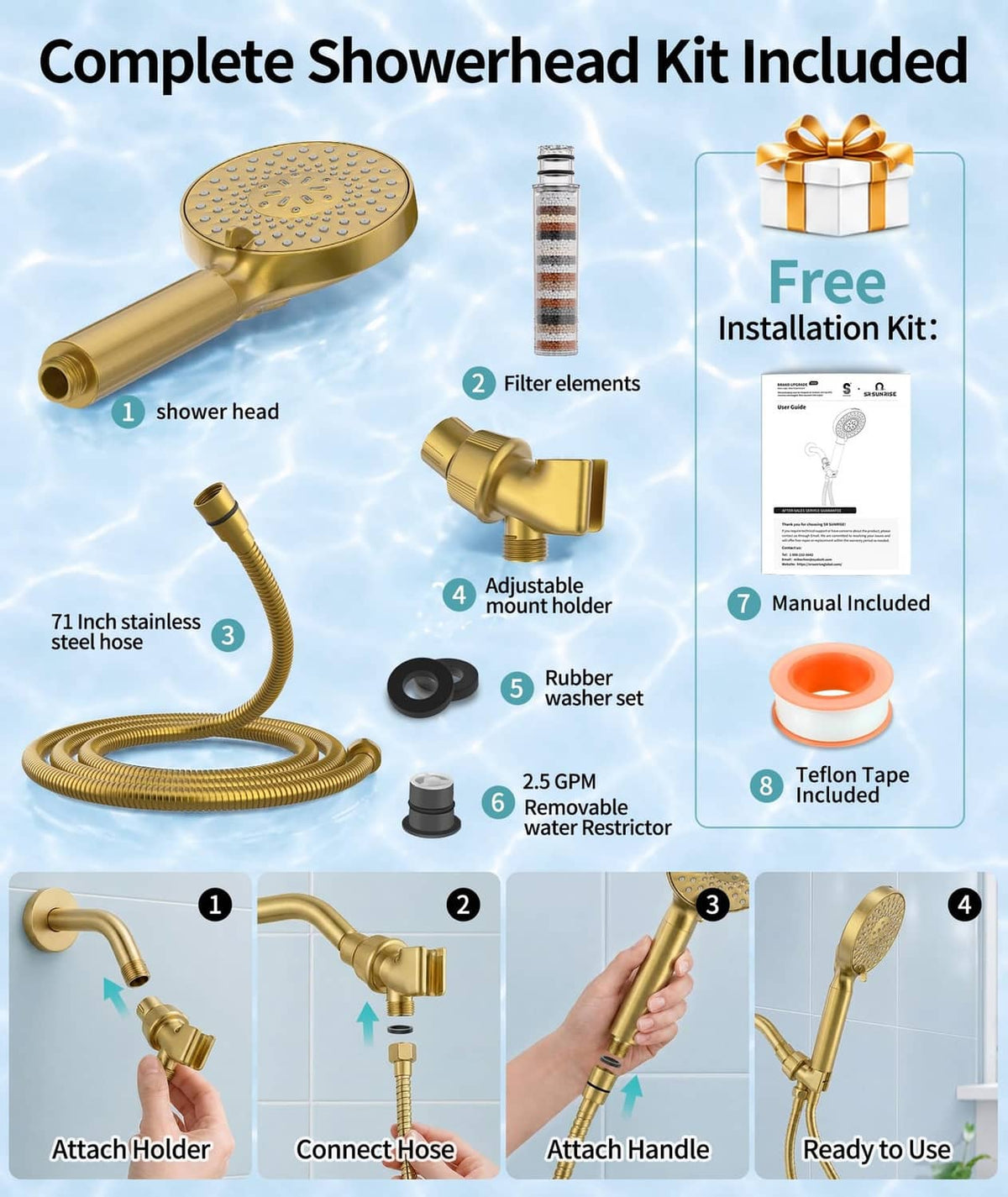 Brushed gold showerhead kit with handheld unit, filter elements, and holder
