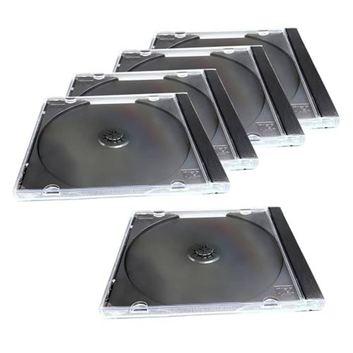 Clear CD jewel cases with black disc trays and transparent lids for single CDs