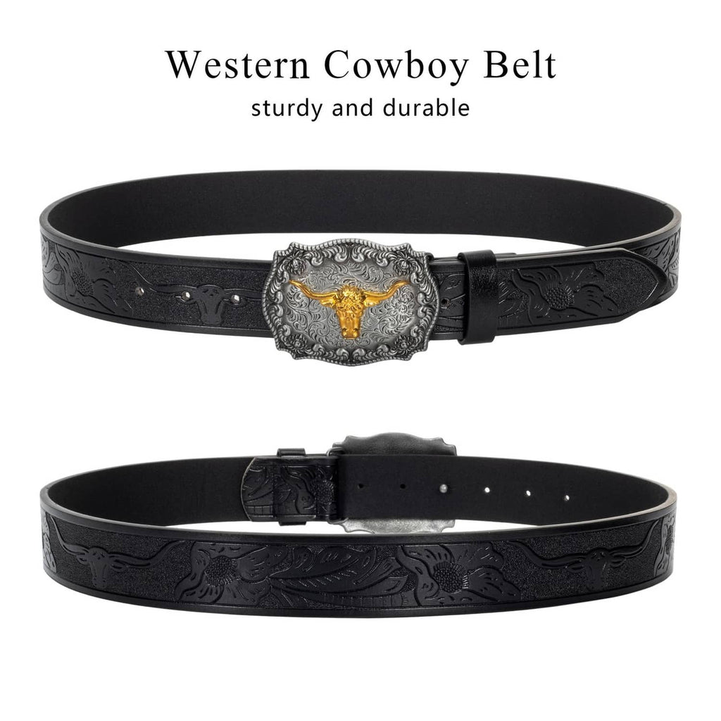 Western cowboy belt on white background: black leather strap with ornate silver buckle and gold bull