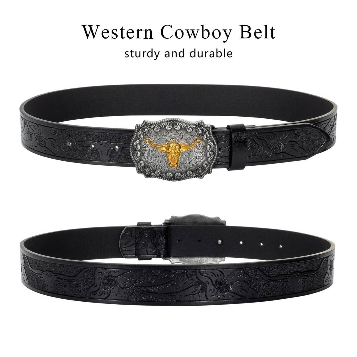 Western cowboy belt on white background: black leather strap with ornate silver buckle and gold bull