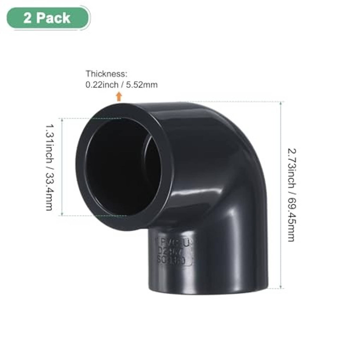 Black 90-degree UPVC socket pipe elbow fitting shown with size and thickness diagram