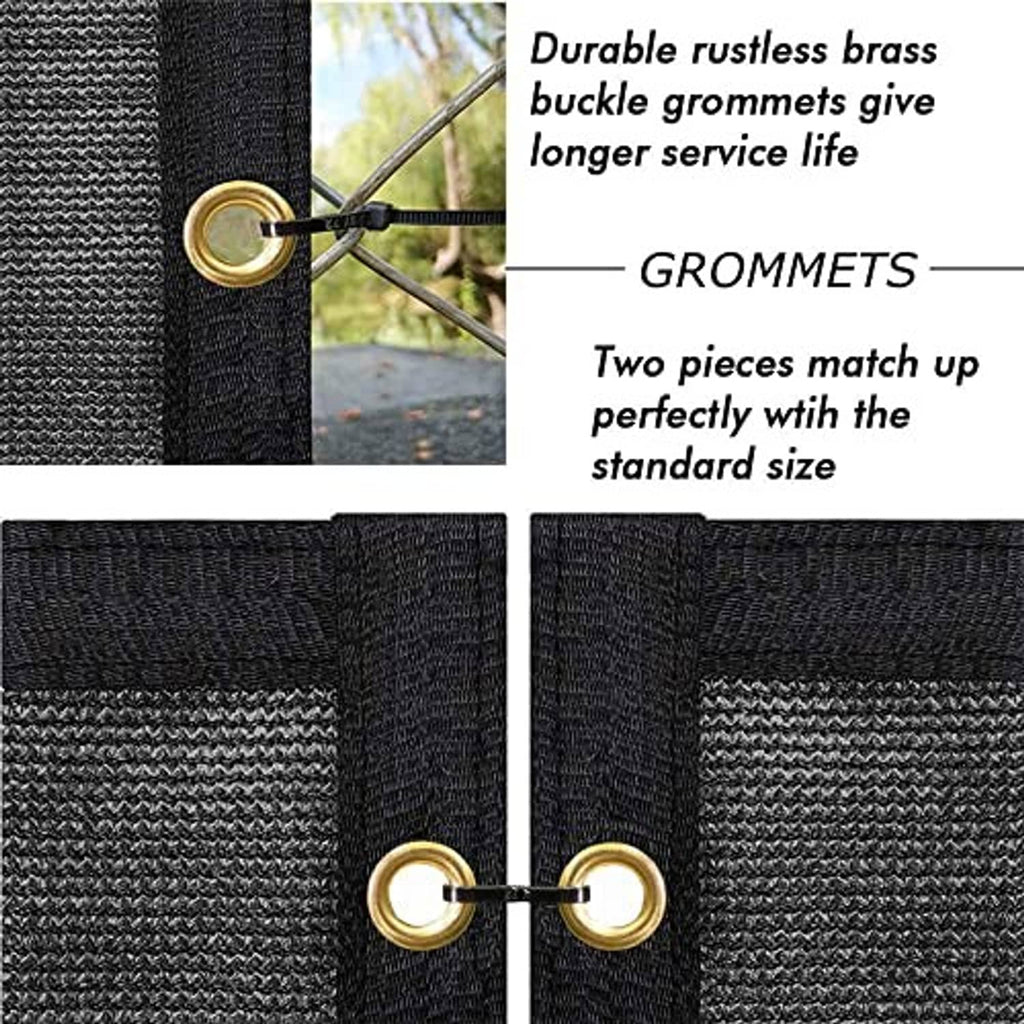 Brass grommets on black woven fence privacy screen, two eyelets for tie-down