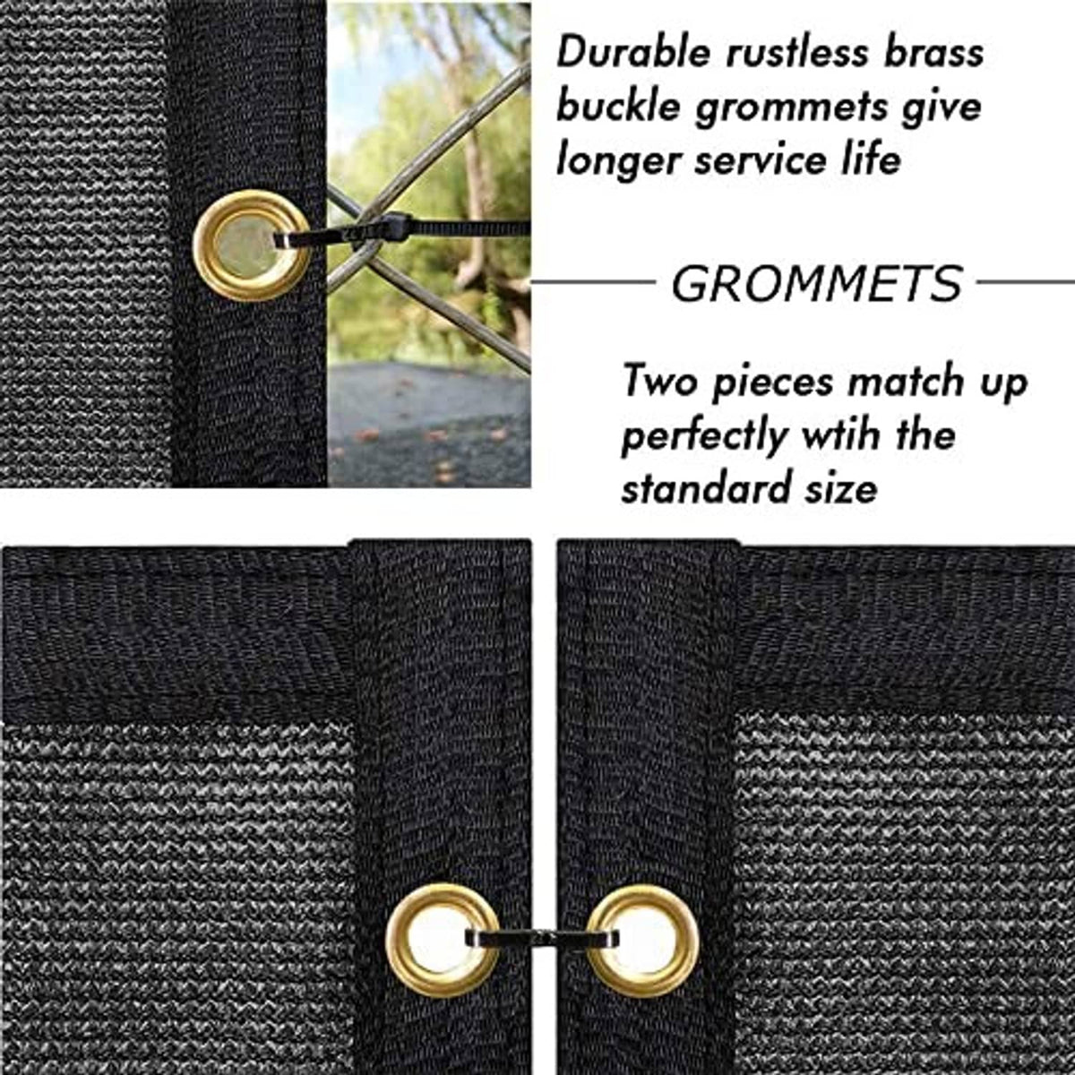 Brass grommets on black woven fence privacy screen, two eyelets for tie-down