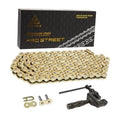 Gold motorcycle roller chain with box and chain breaker tool