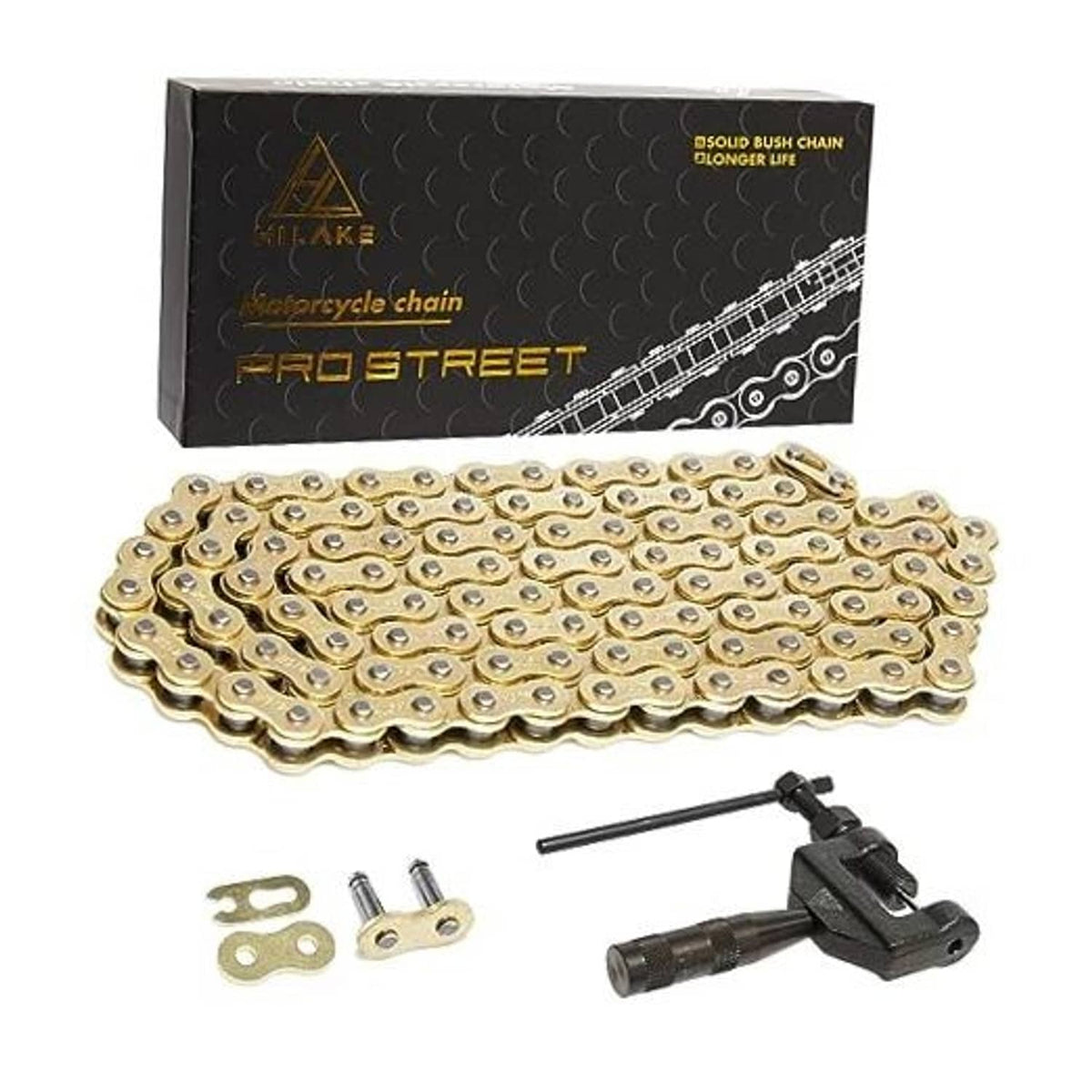 Gold motorcycle roller chain with box and chain breaker tool