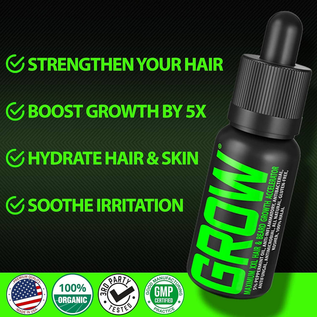 Beard growth serum bottle with dropper, black glass and neon green label