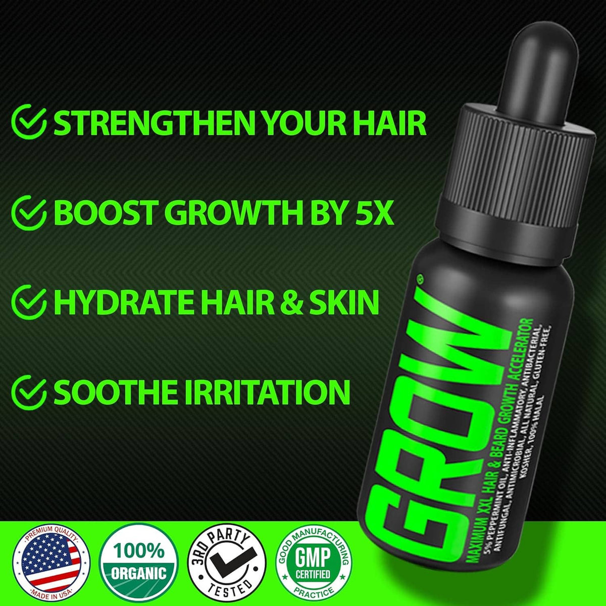 Beard growth serum bottle with dropper, black glass and neon green label
