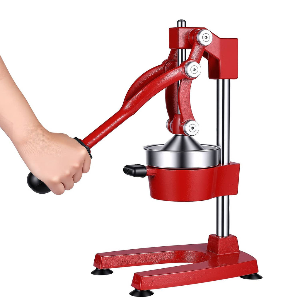 Red manual citrus juicer press with tall frame, stainless cup, and base feet
