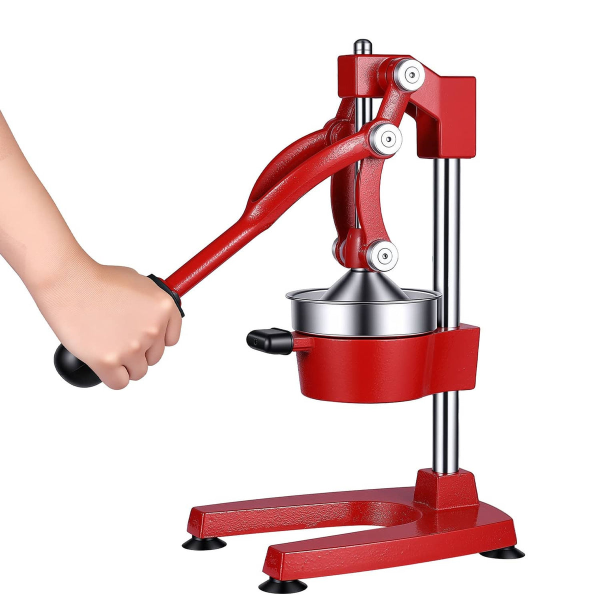 Red manual citrus juicer press with tall frame, stainless cup, and base feet