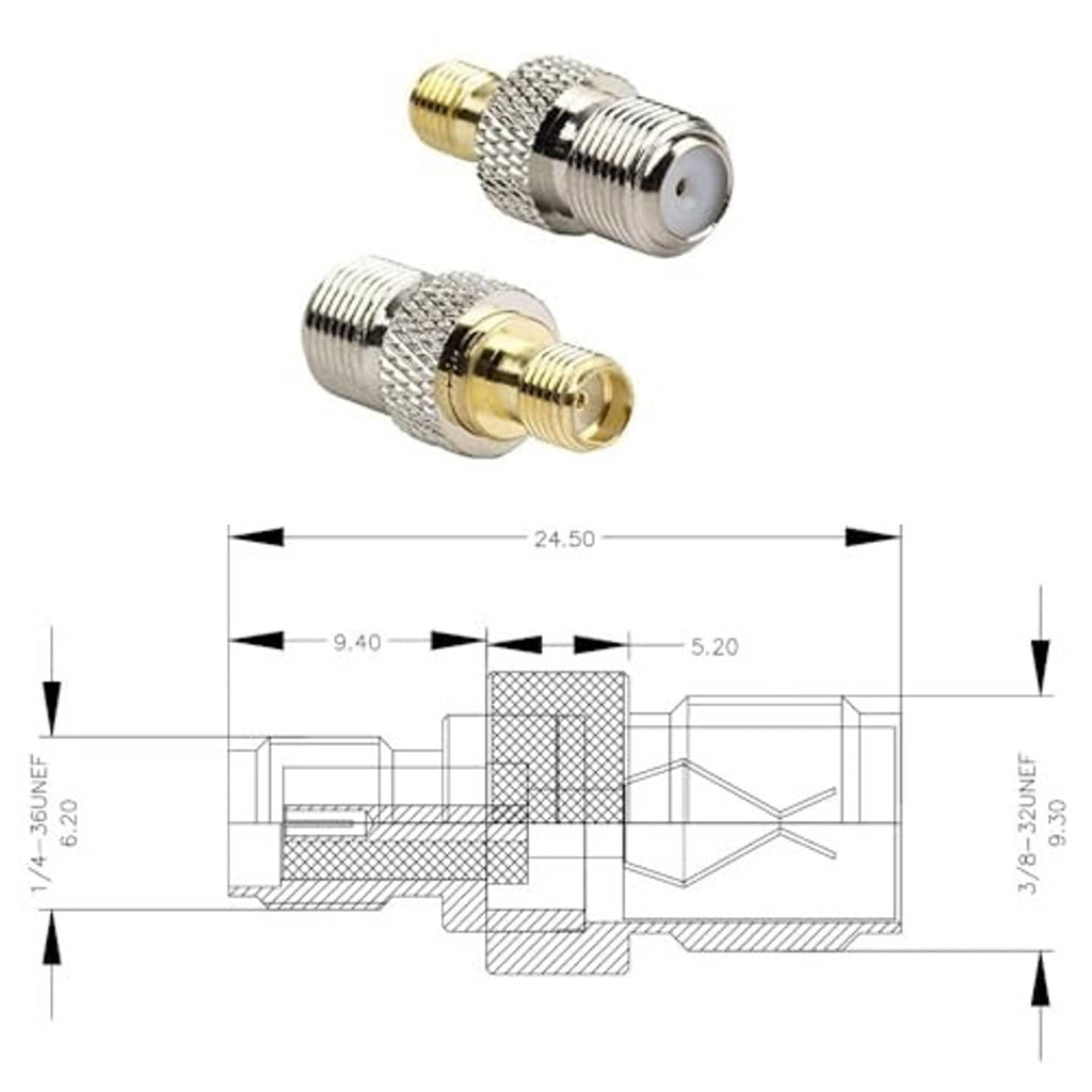 Coaxial adapter dimension diagram with knurled section and two threaded ends