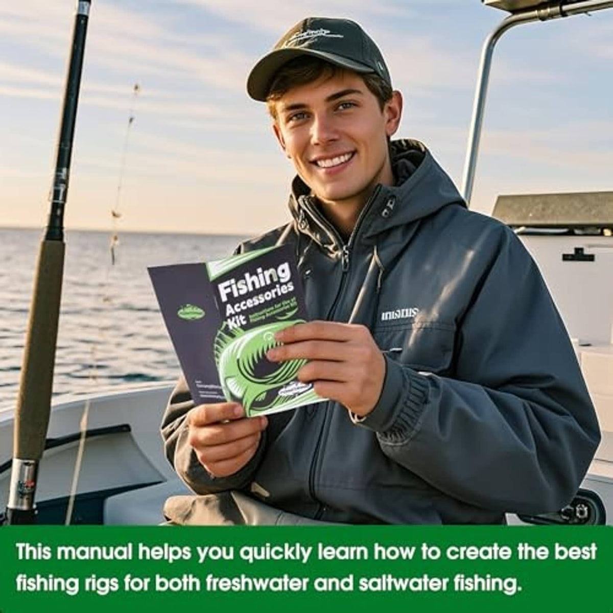 Young angler holding the fishing accessories kit manual near a fishing rod on the water