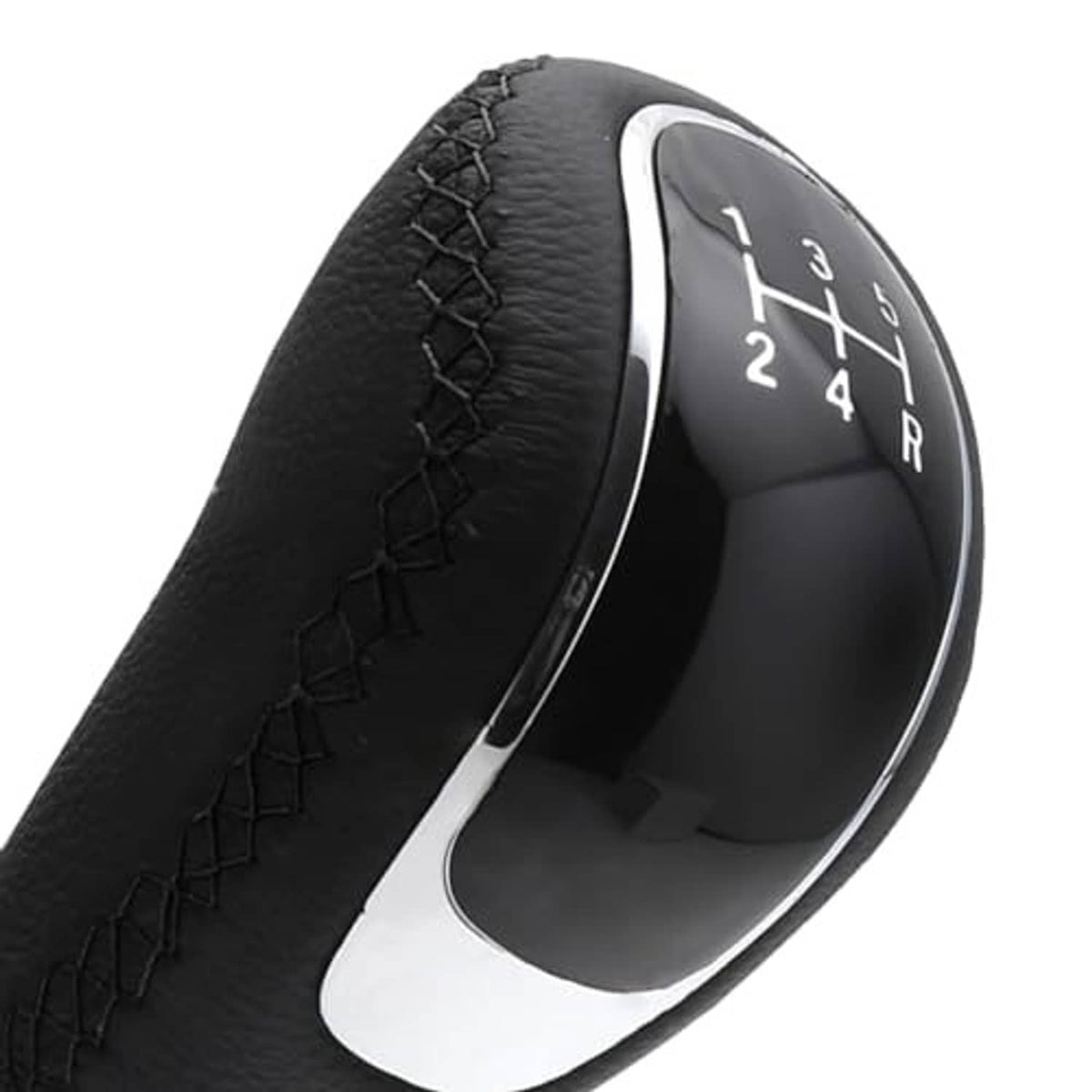 Close-up of black leather 5-speed gear shift knob with stitched grip and silver side insert