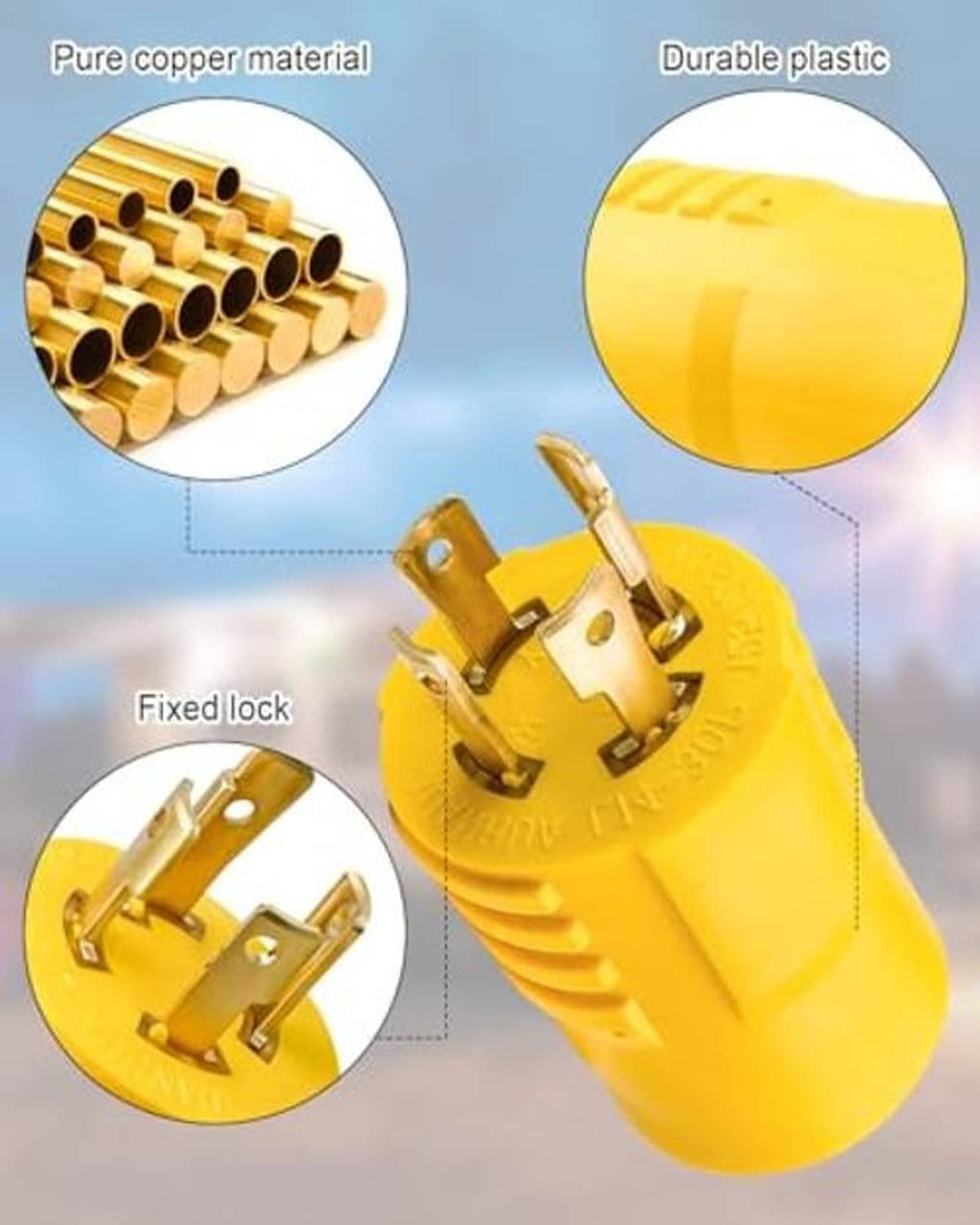Yellow electrical adapter plug with gold contacts and molded plastic housing detail