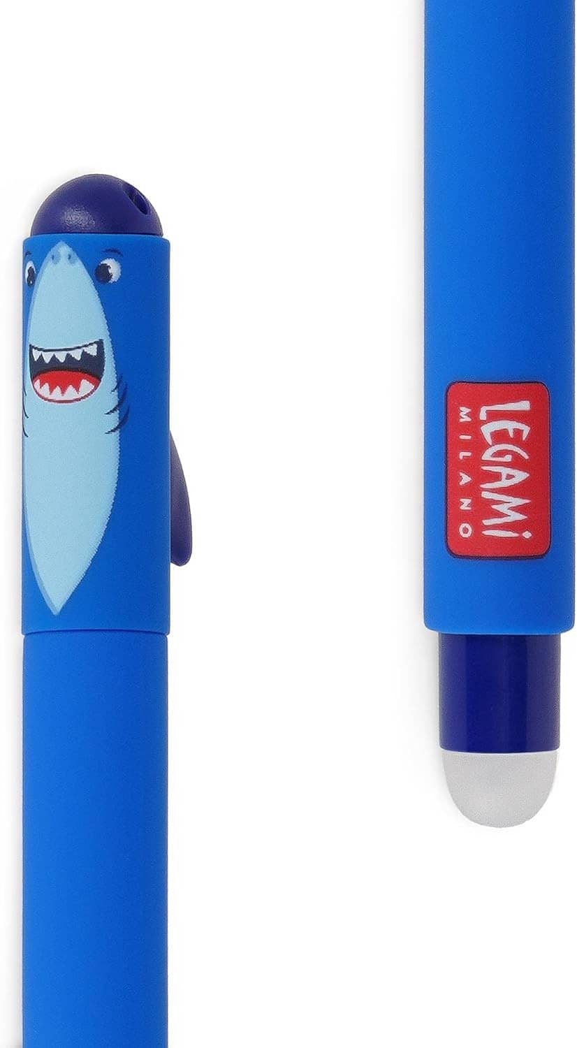 Blue erasable gel pen with shark character face and ink refill tip close-up