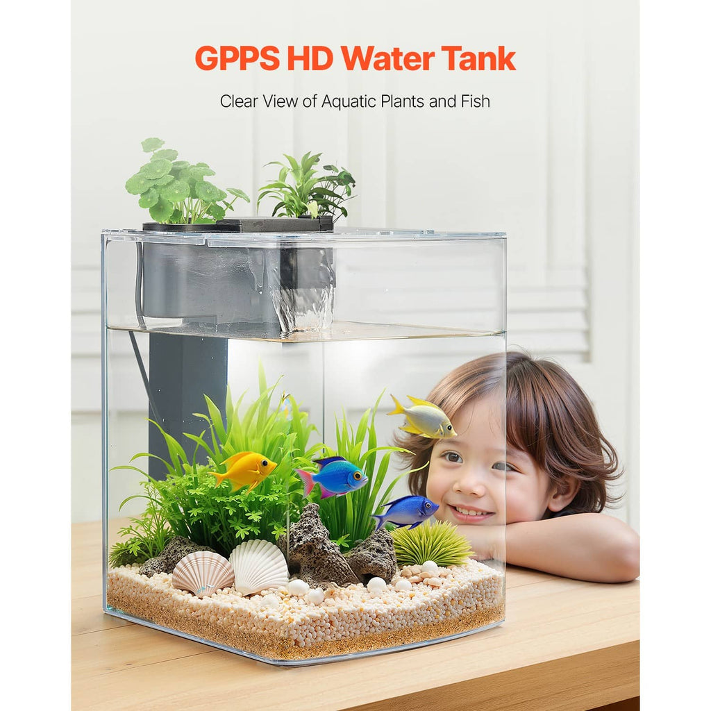 Clear plastic aquarium tank with gravel substrate, fish and plants, family photo setting