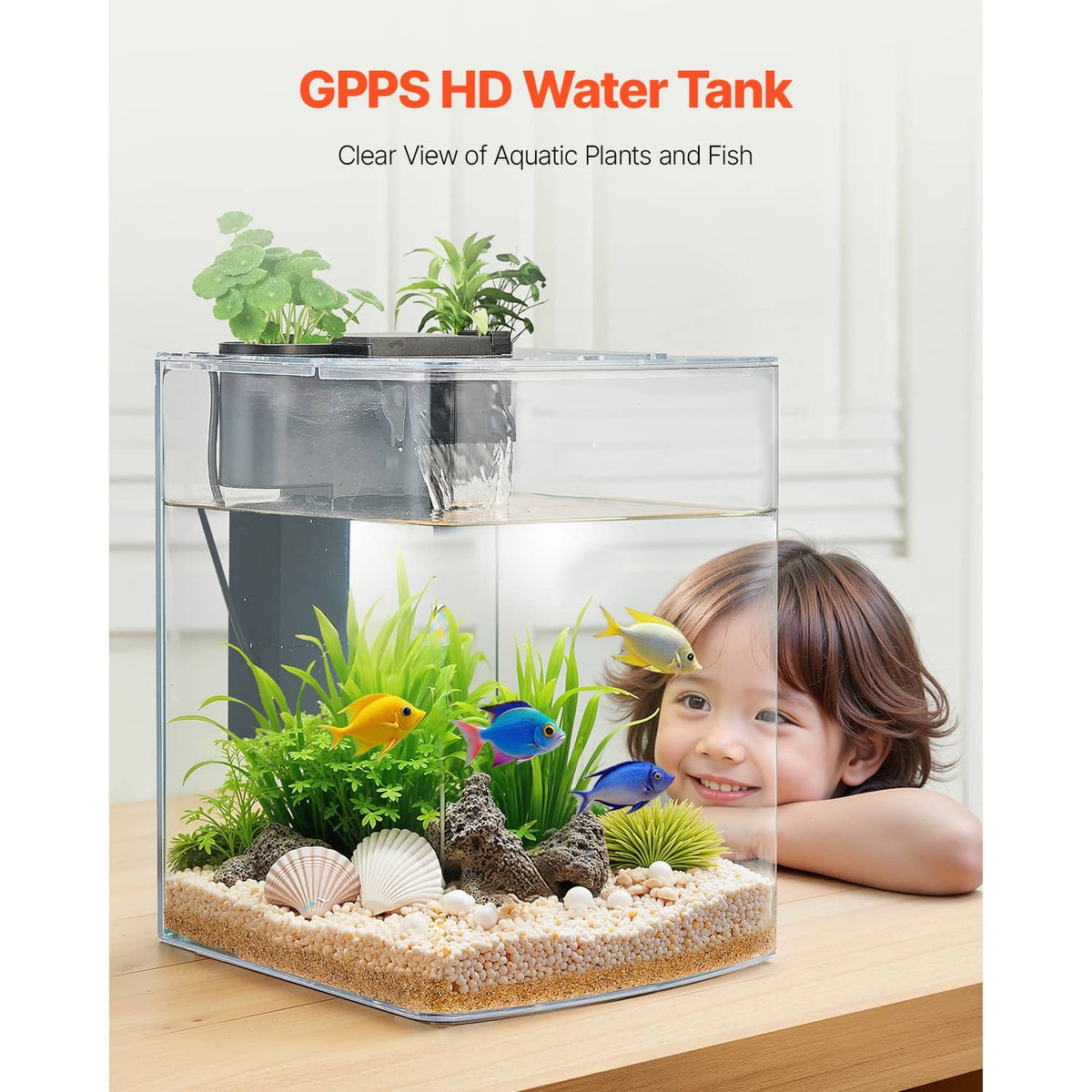 Clear plastic aquarium tank with gravel substrate, fish and plants, family photo setting