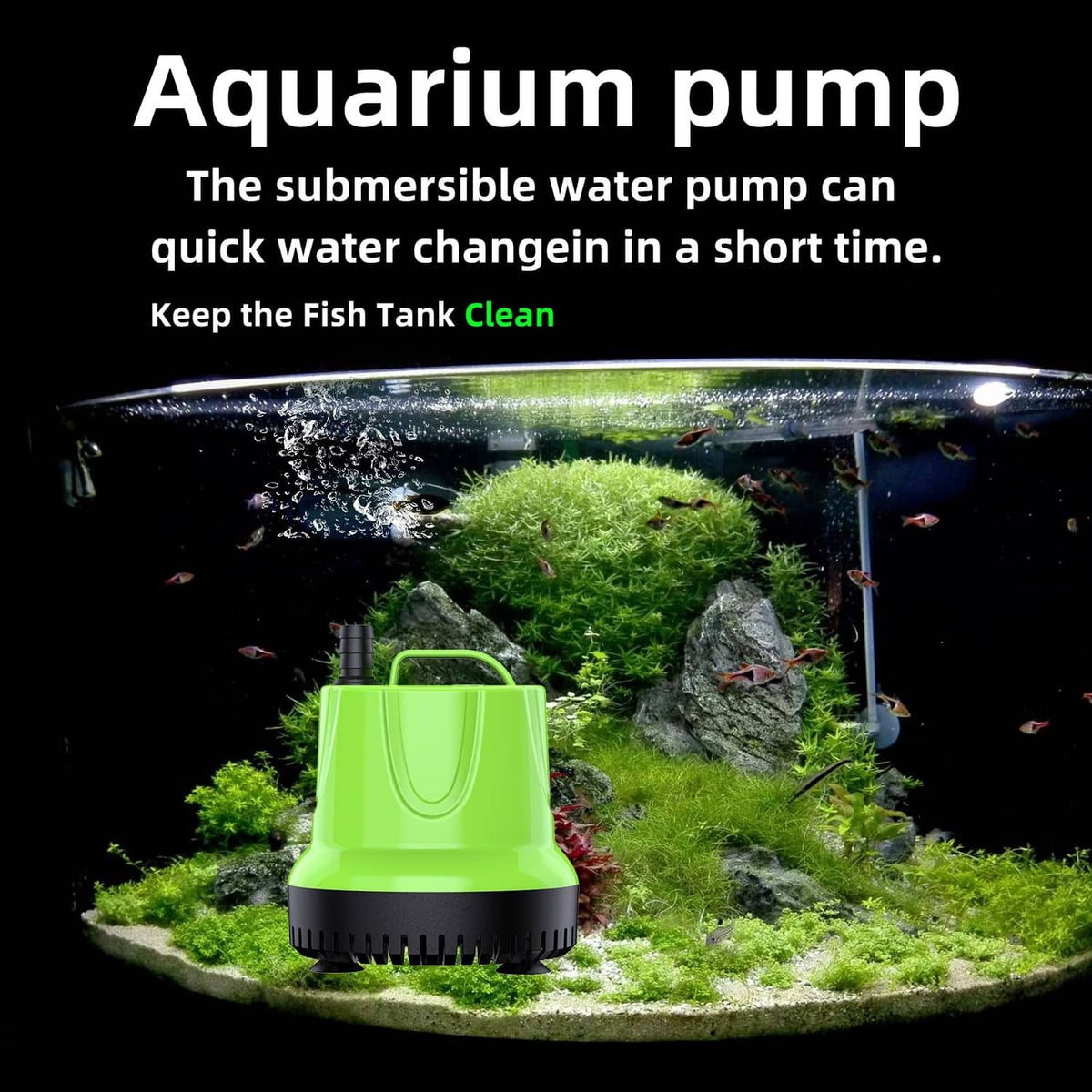 Bright green submersible pump producing a water jet in an aquarium